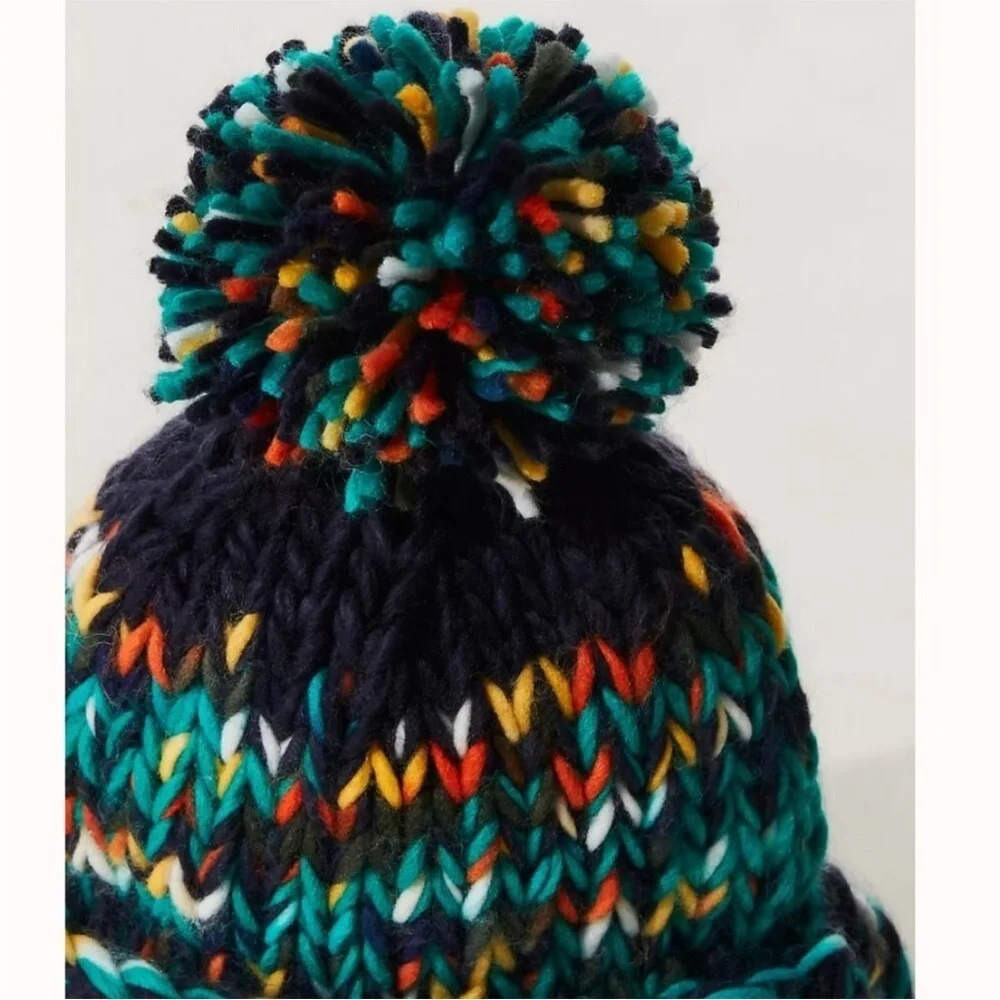 Free People Tide Knit Pom Beanie One Size in Forest Green Combo NWOT
